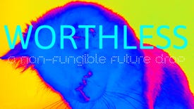 A cyberkitten on the cover of the novel WORTHLESS: A Non-Fungible Future Drop.